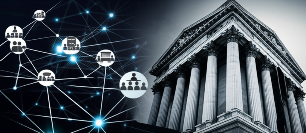 場外交易市場與傳統交易所對比示意圖,展現去中心化網絡與集中式大樓的差異,象徵小型企業的機會與風險