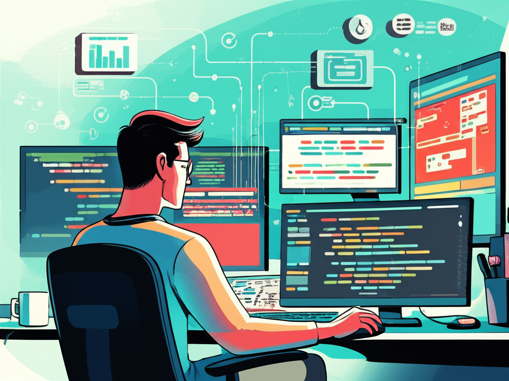 程式開發者正在筆電上撰寫 API 整合程式碼，螢幕顯示 JSON 數據與圖表