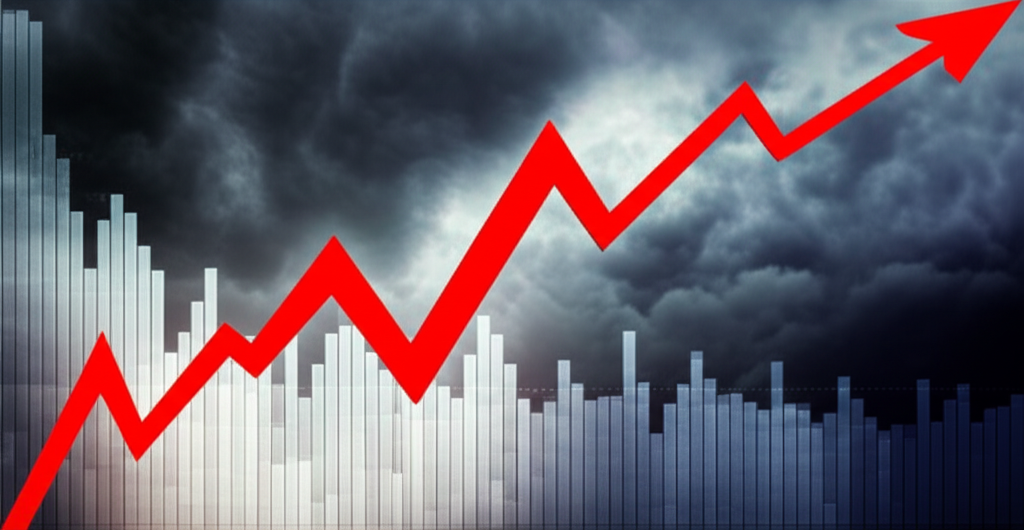 一幅風格化的插圖，描繪資產泡沫的概念，顯示一個快速膨脹的氣球，裡面裝有各種資產（股票、房屋），即將破裂。