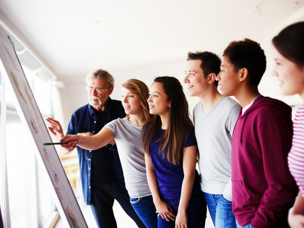 導師正在指導一群認真學習的學生，營造出專業且正向的教學氛圍