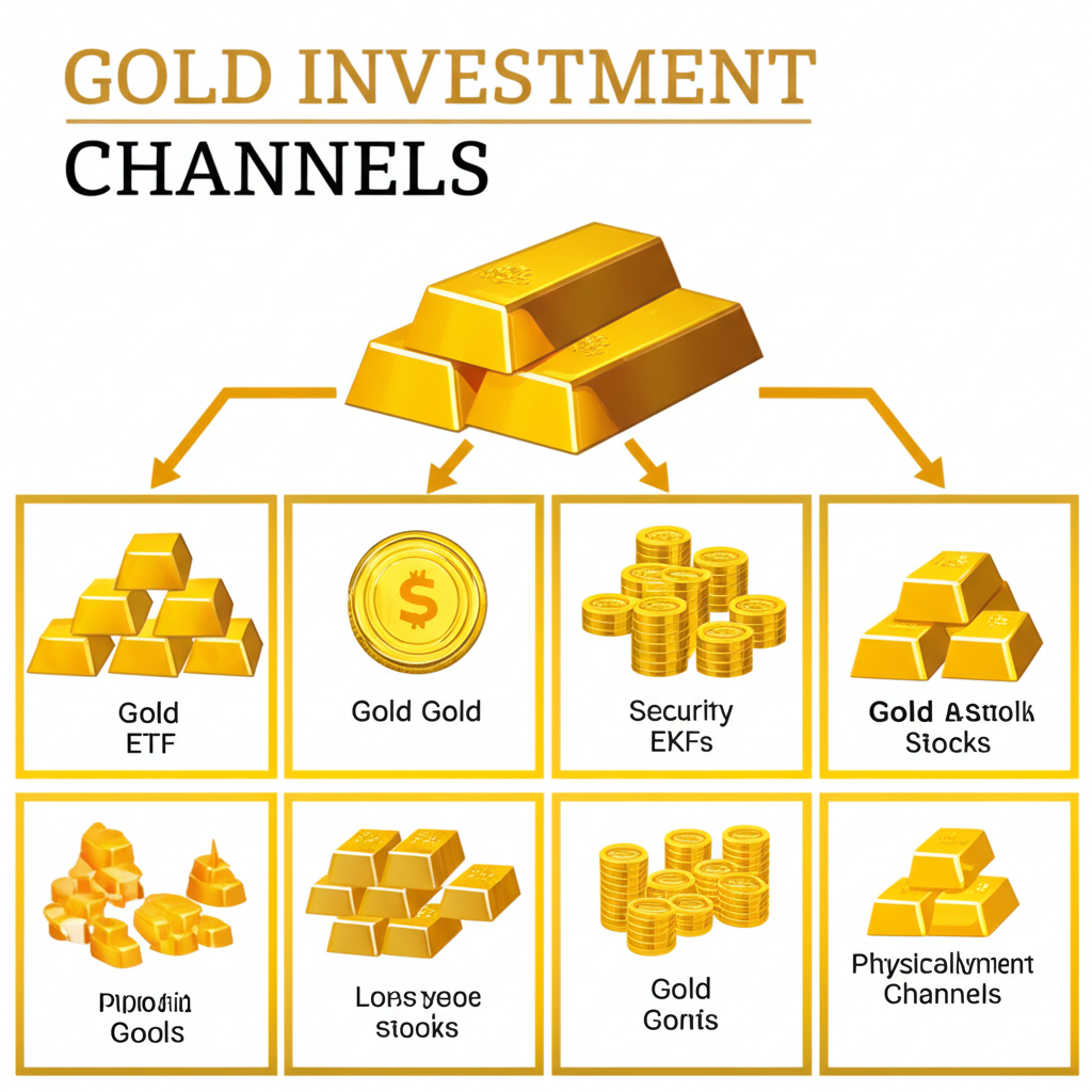 黃金投資管道比較示意圖,展示實體黃金、黃金存摺與黃金ETF三種方式的差異
