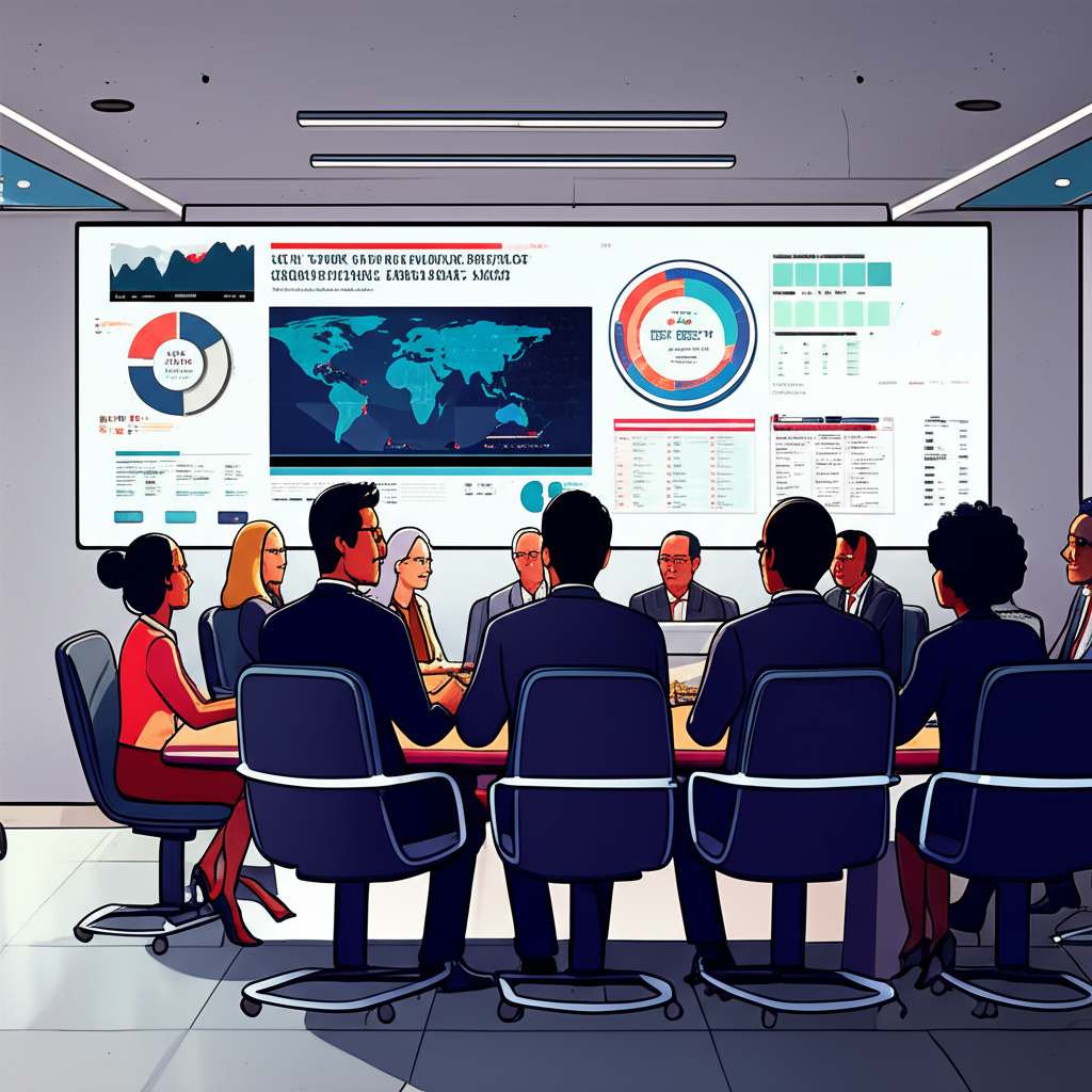 聯邦公開市場委員會(FOMC)成員在會議中討論美國貨幣政策,背景顯示經濟圖表,象徵其對全球經濟的影響力