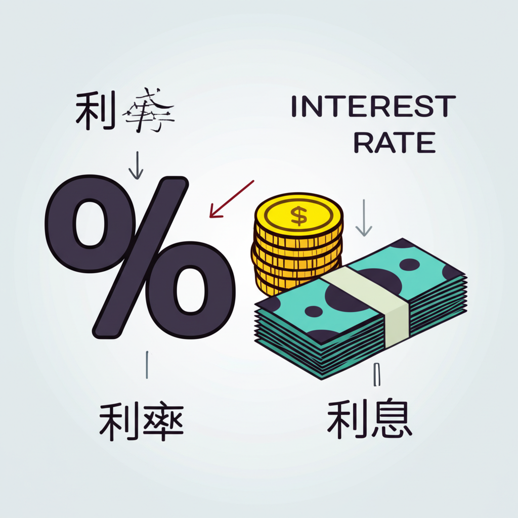 利率以百分比符號呈現,利息以實體貨幣展示的插畫