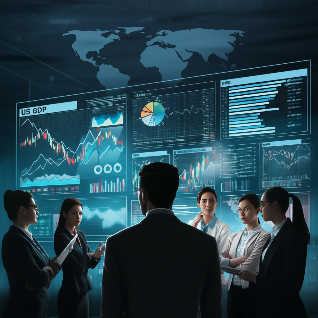 全球金融儀表板插畫,顯示股市圖表、GDP公布時間與各地投資者關注的場景,象徵其對經濟健康與資產價格的全球影響