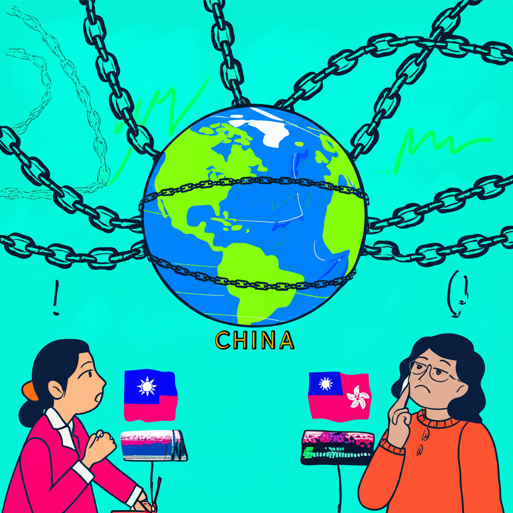 中國降息對全球經濟影響示意圖,地球被經濟鏈條包圍,台灣與香港投資者觀察市場動態