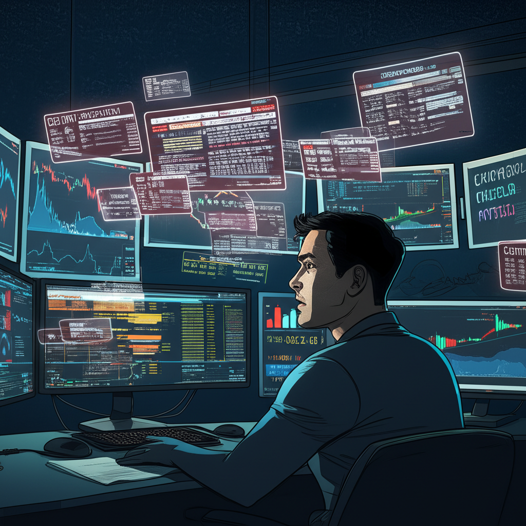 交易員監控資金淨值警示的插畫,呈現即時風險提醒與主動應對的畫面