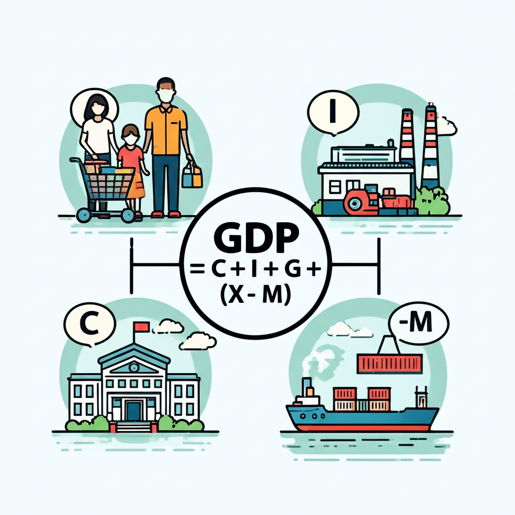 GDP公式插畫,中央為GDP = C + I + G + (X - M),周圍小圖展示消費(家庭購物)、投資(工廠機械)、政府支出(公共建設)與淨出口(船隻進出口貿易)的場景