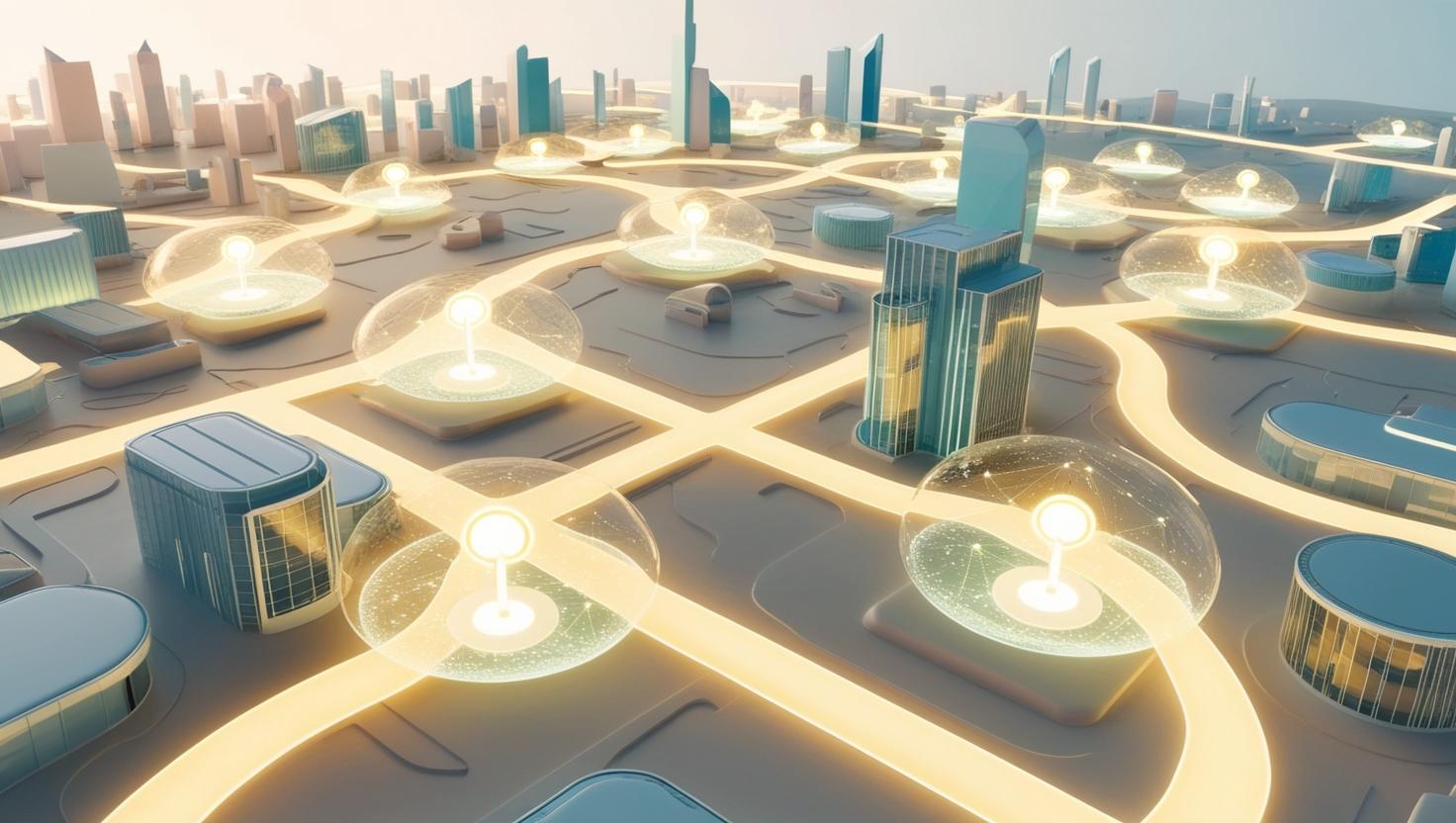 A futuristic 3D cityscape representing a decentralized financial ecosystem, with glowing pathways and blockchain nodes.