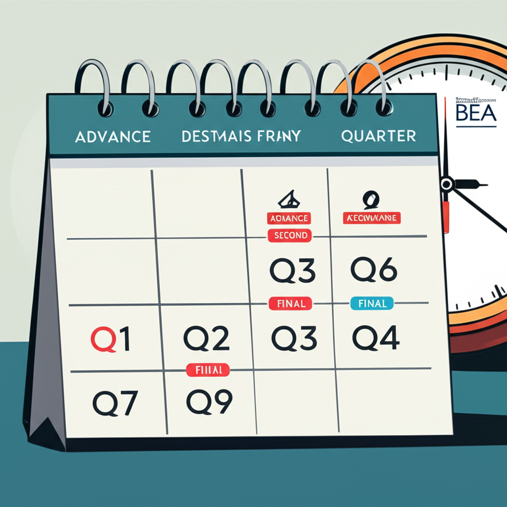 風格化日曆插畫,標示美國GDP發布日期,包含初值、修正值與終值圖示,並有BEA標誌與時鐘元素,強調發布時程的精確性