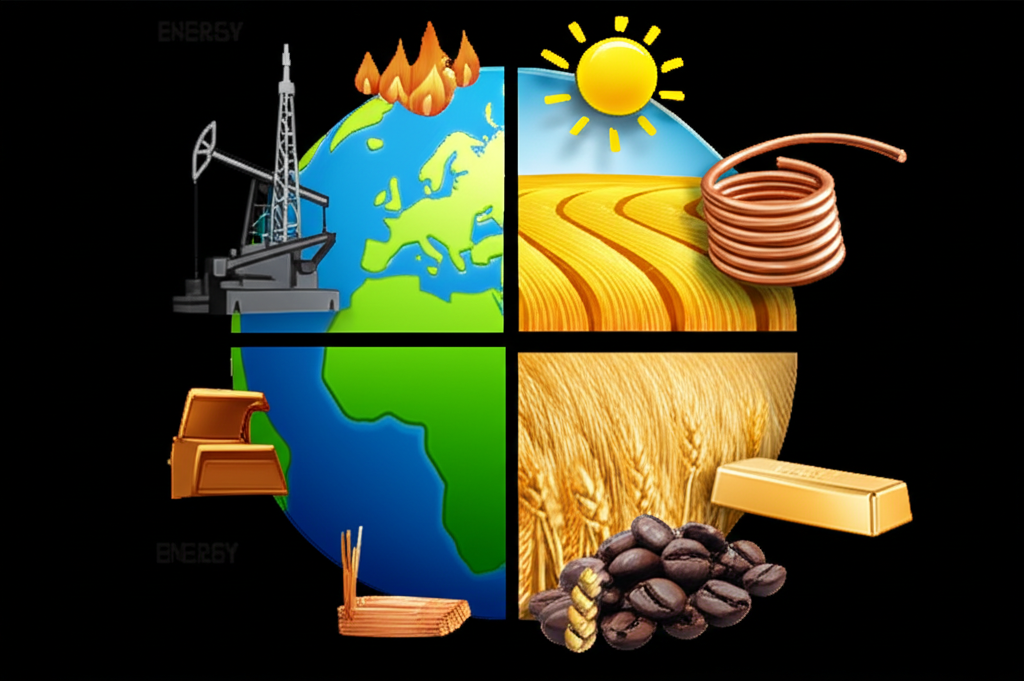 大宗商品分類示意圖,分為能源(鑽井平台、火焰)、金屬(金條、銅線)與農業(麥田、咖啡豆),清楚區隔各類別