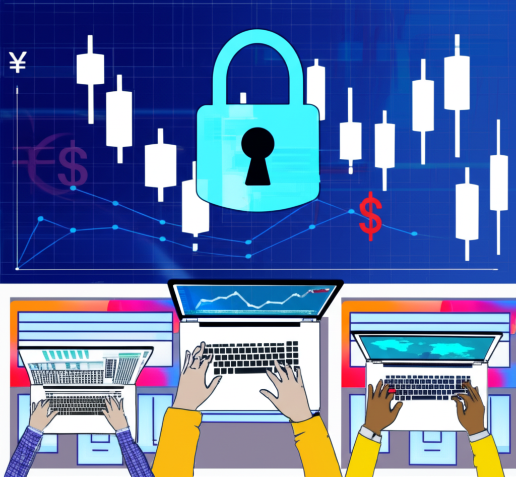 不同交易者使用筆電、貨幣走勢圖與安全鎖的插圖