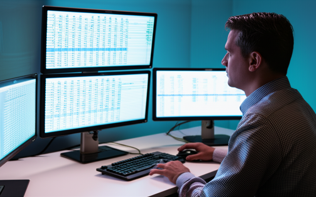 專業外匯交易者正在分析交易資料與系統日誌的場景