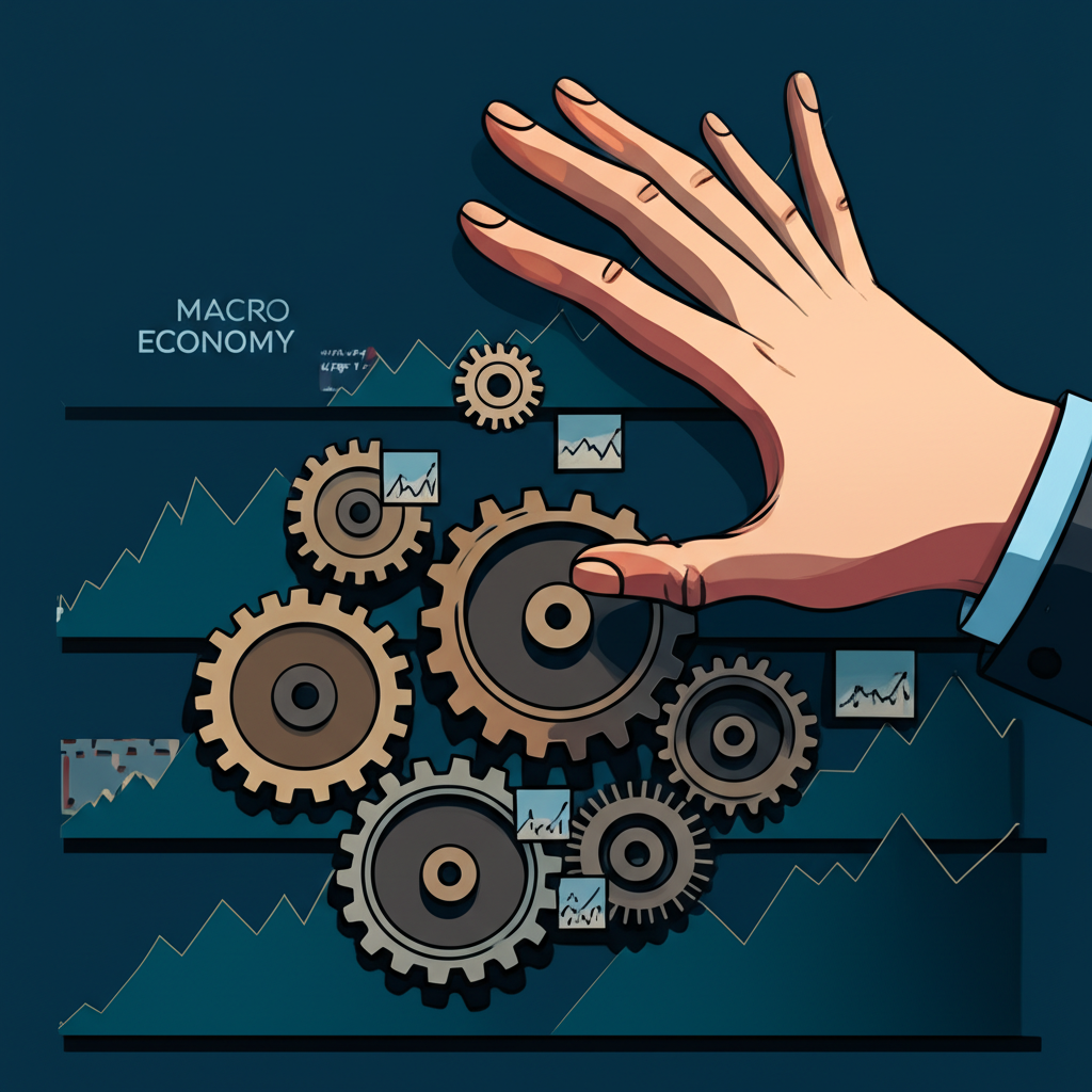 一隻巨手輕輕推動由企業與市場構成的精密齒輪系統,展現總體經濟對股市的深遠影響