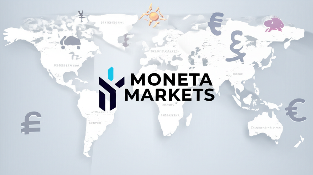 Moneta Markets商標、世界地圖背景與外匯符號的插圖