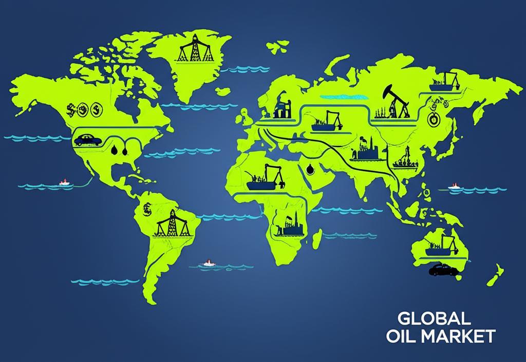 全球油市運作示意圖,呈現供需、地緣與能源轉型的交互影響