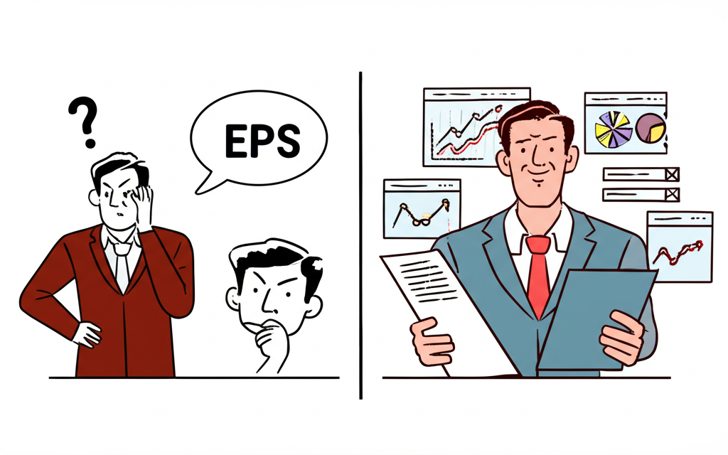 新手投資人困惑於EPS數字,資深投資人掌握財務圖表與EPS分析的插畫對比
