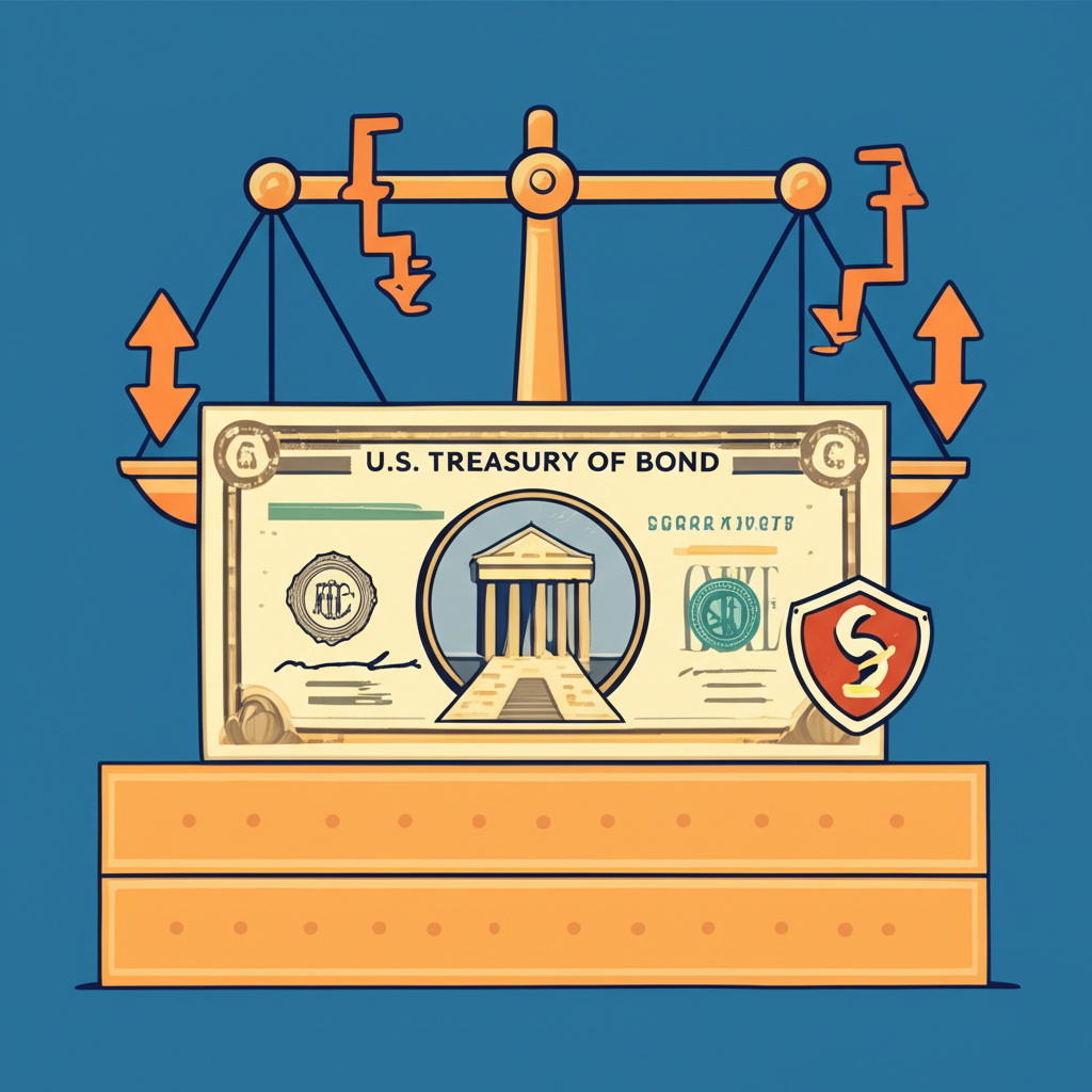 美國長期公債價格與利率變動關係示意圖,顯示利率上升時債價下跌,利率下降時債價上漲