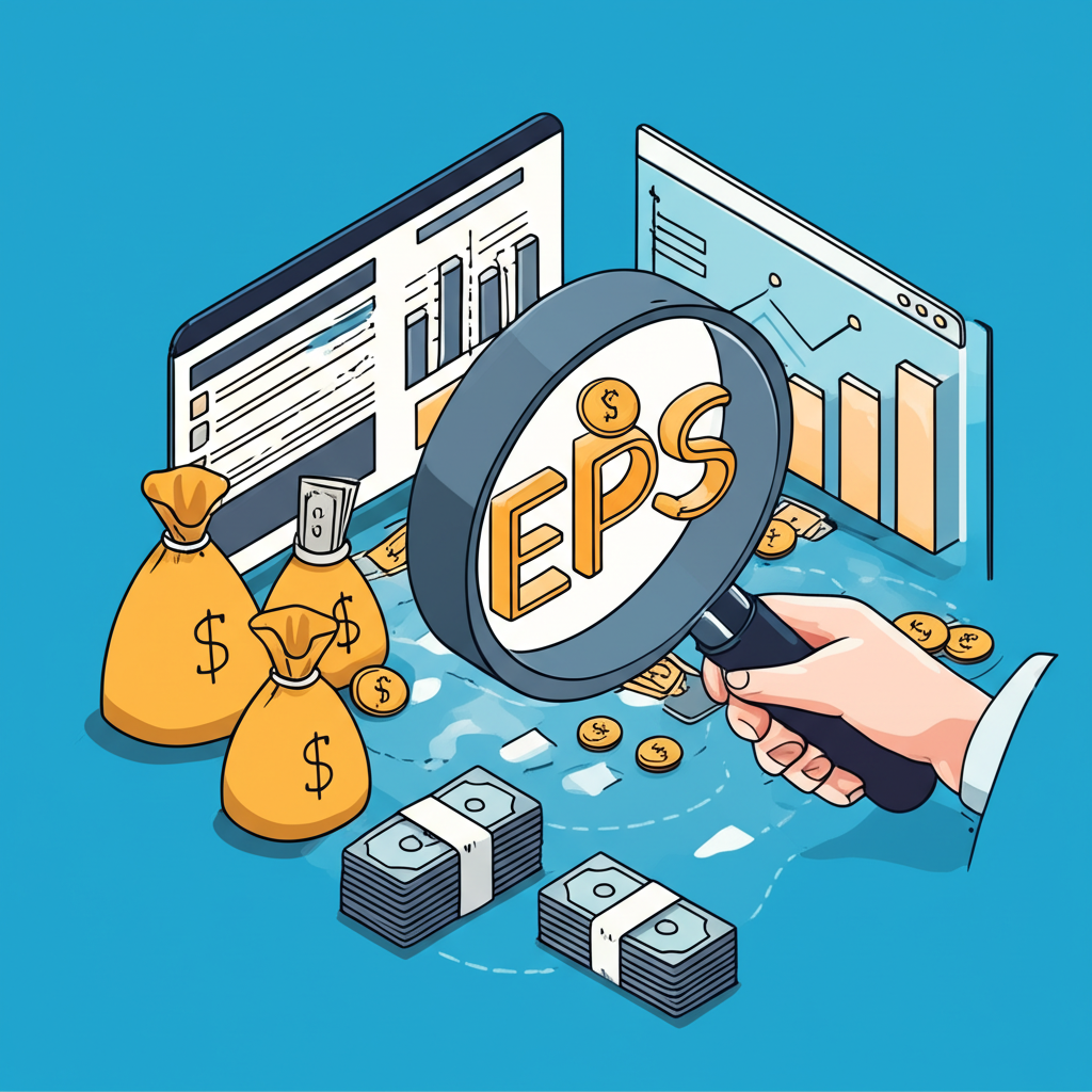 投資人從龐大財經數據中聚焦EPS指標的插畫,象徵智慧投資決策