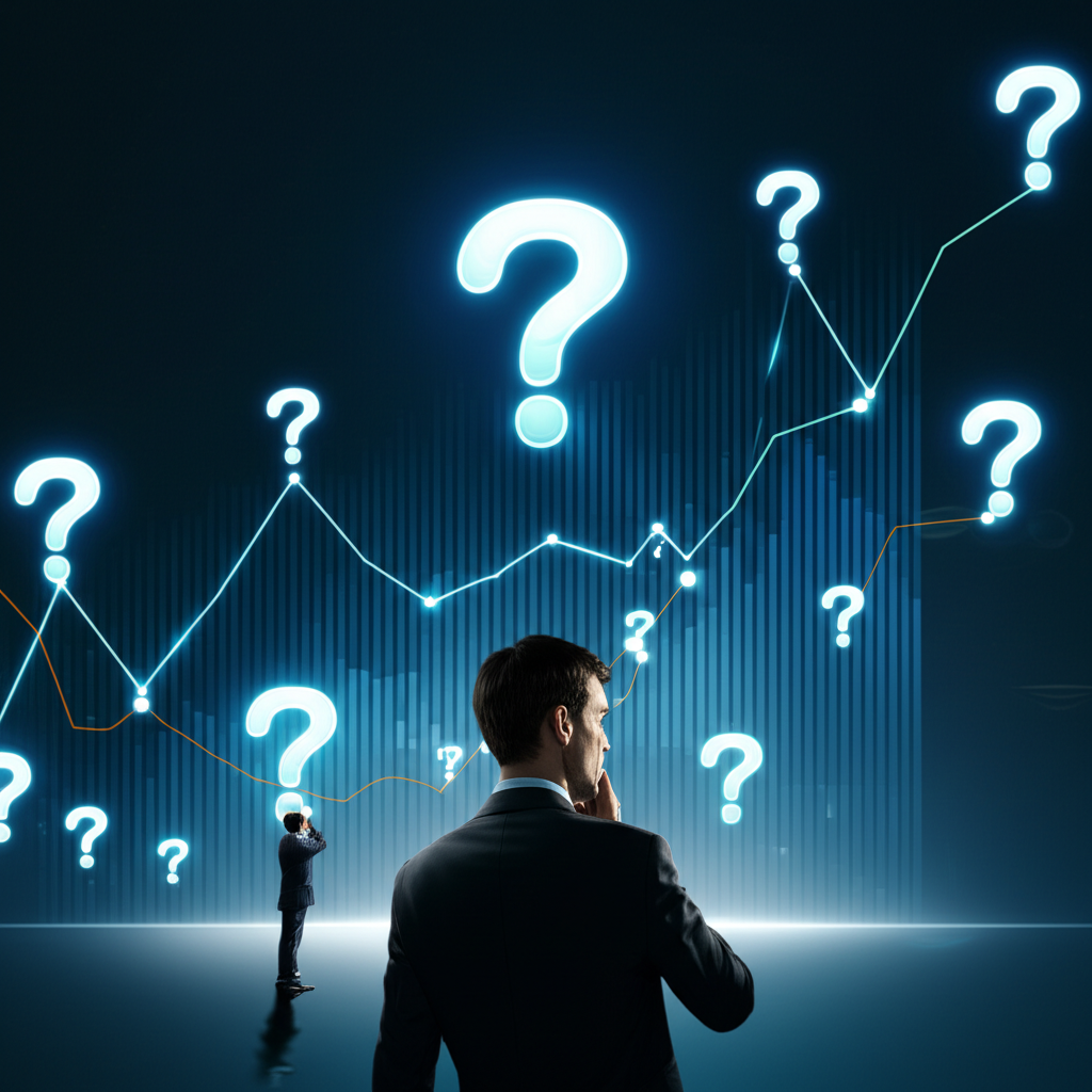 一名投資者凝視著波動的股市圖表,充滿疑問,象徵股價變動的神秘與情緒影響