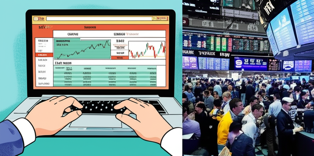 個人使用筆電進行CFD大宗商品交易,對比繁忙的實體交易所交易大廳,凸顯零售與機構市場差異