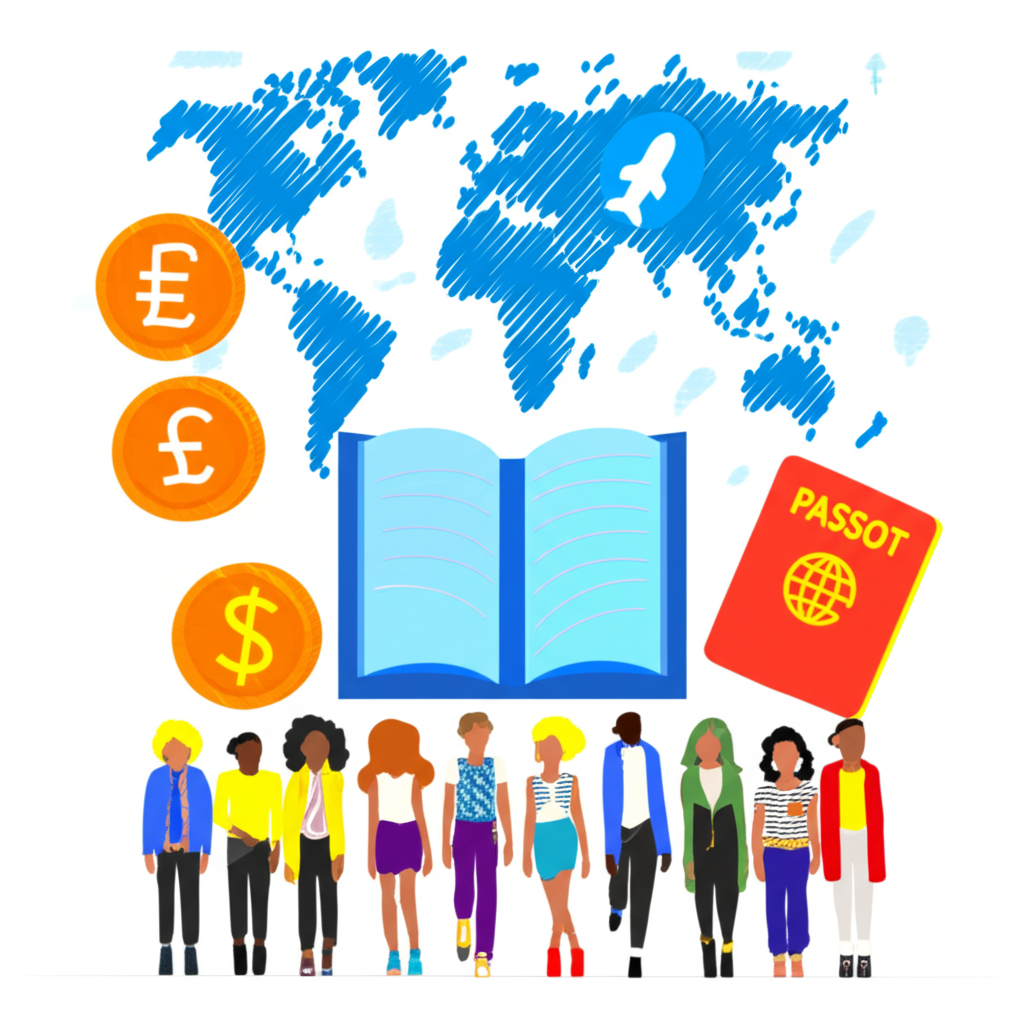 一群多元族群在規劃個人財務,背景融入世界地圖、貨幣圖案與旅行意象,象徵全球經濟連結與財務目標