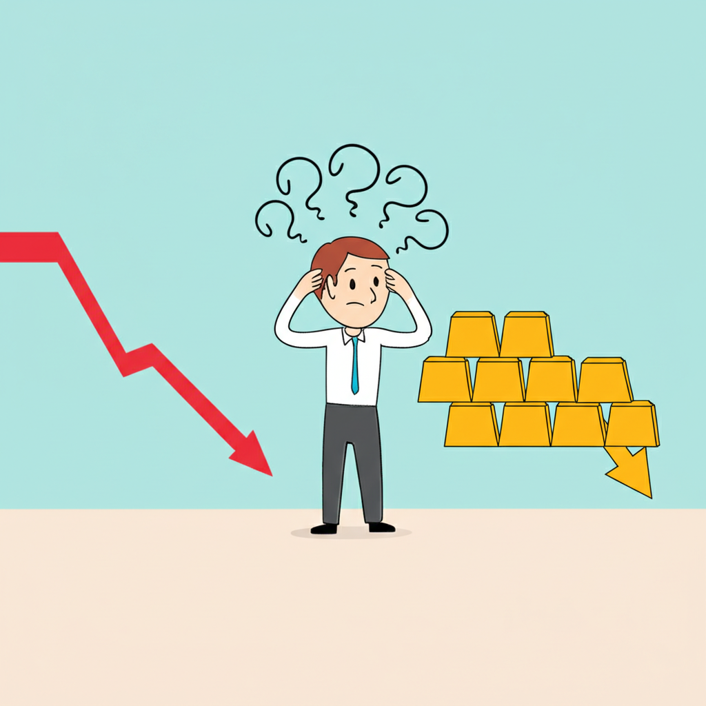 困惑投資者站在下跌股市圖表與下跌黃金圖表之間,描繪金融困境與不確定性