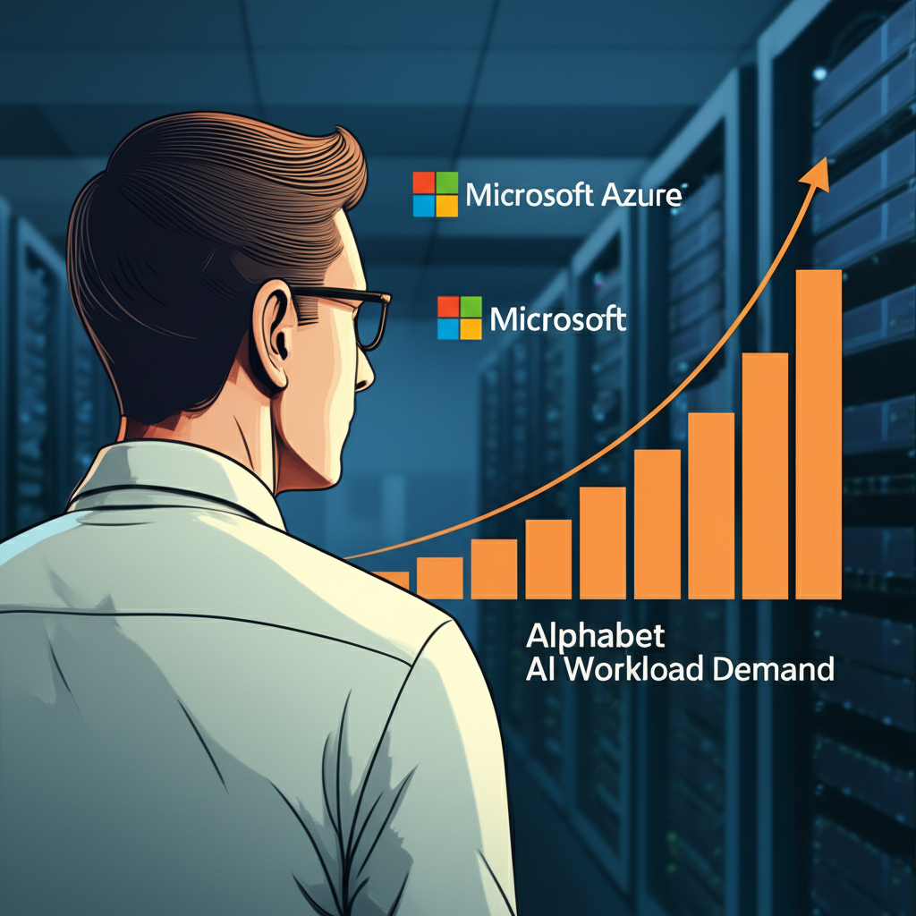 投資人觀察成長柱狀圖代表Alphabet收益與AI工作負載需求，背景有競爭雲平台如Microsoft Azure，顯示企業對AI解決方案的強烈渴望
