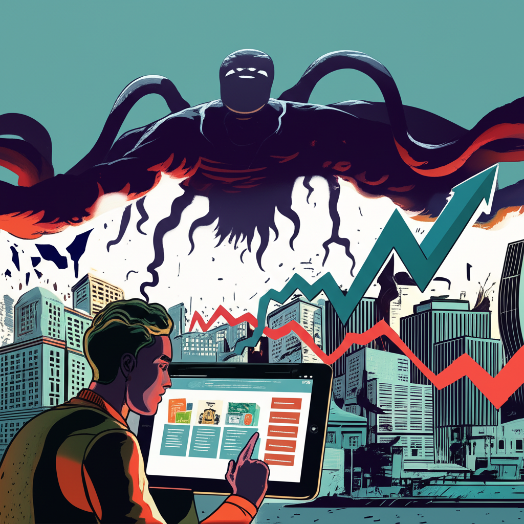 通膨巨獸籠罩城市與股市的插畫,象徵經濟壓力對投資者的影響