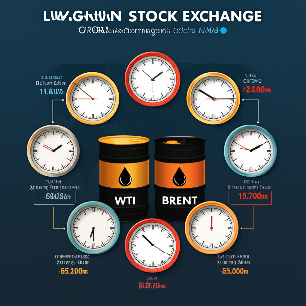 WTI與布蘭特原油期貨交易時間對照圖,油桶標示與全球時區鐘錶