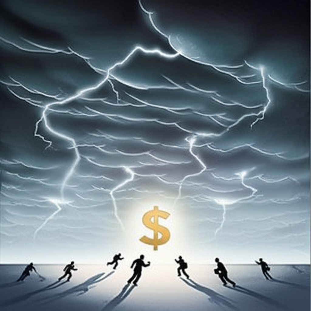 風暴中的全球景觀插圖,投資者湧向閃耀的美元作為避險港灣,反映地緣衝突與金融危機影響