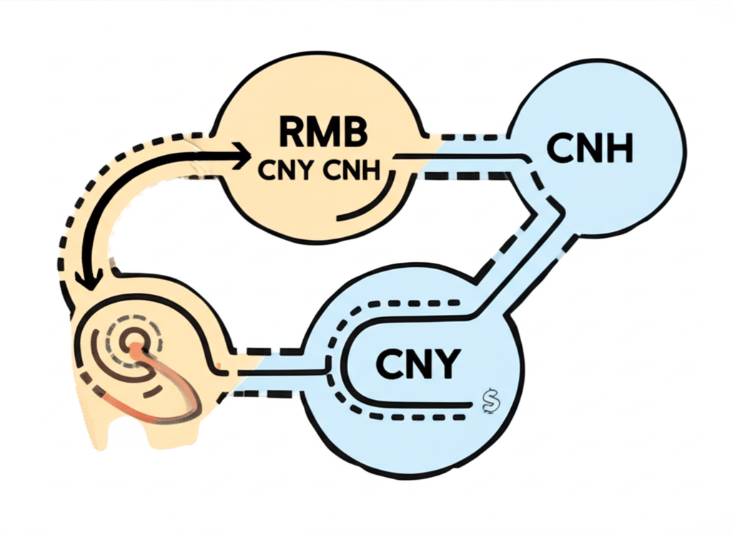 RMB CNY CNH三個不同路徑或氣泡展示市場監管資本流動與地點特徵象徵金融世界獨特角色的插圖