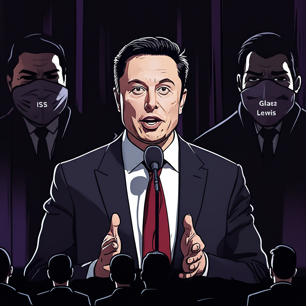 Elon Musk on stage at earnings call passionately speaking to investors with masked figures of ISS and Glass Lewis in the shadows