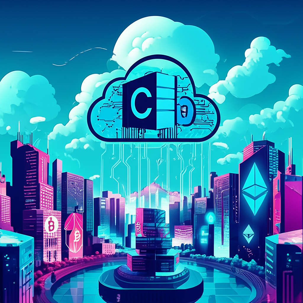 未來城市景觀中以雲端伺服器圖示代表 Coinbase 作為數位資產與 AI 服務的中央基礎設施