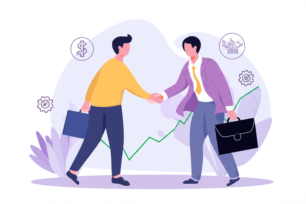 一幅圖示解釋CFD,兩個抽象人物在波動的財務圖表上簽訂合約,不持有實物資產,強調價格差異投機概念