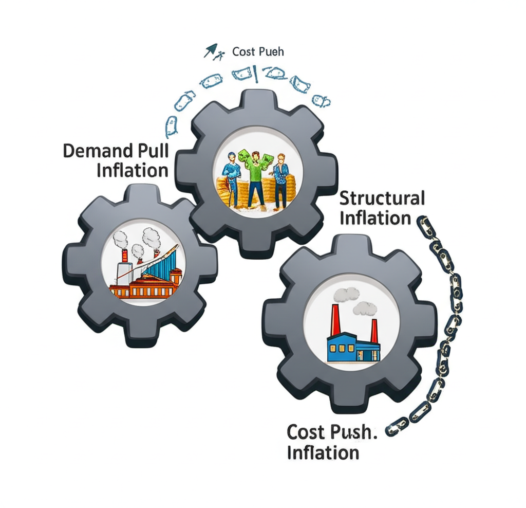 不同類型通貨膨脹的齒輪機制示意圖,包括需求拉動、成本推動和結構型成因