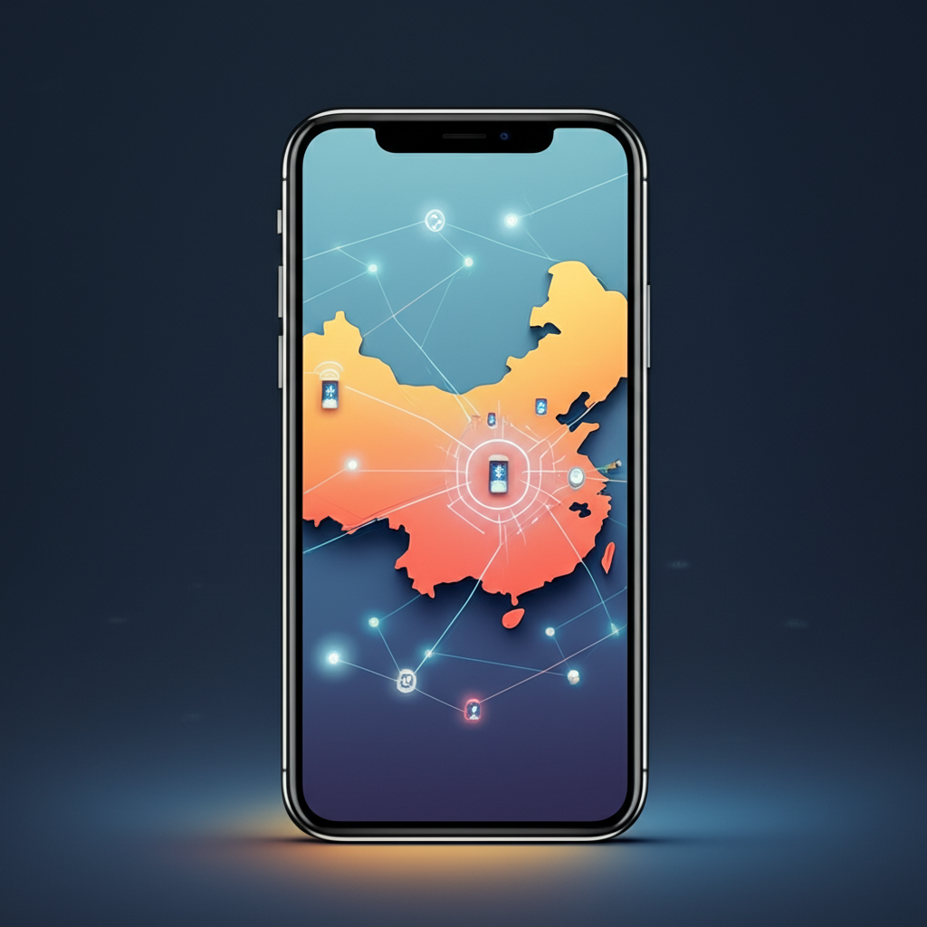 巨型iPhone疊加中國地圖與AI神經網絡,象徵蘋果財報關鍵焦點:iPhone銷售、中國市場與AI策略