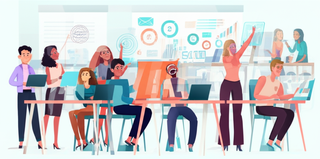 現代辦公室中多元族群與AI工具互動,有人學習新技能,暗示就業演進而非大規模取代的插圖