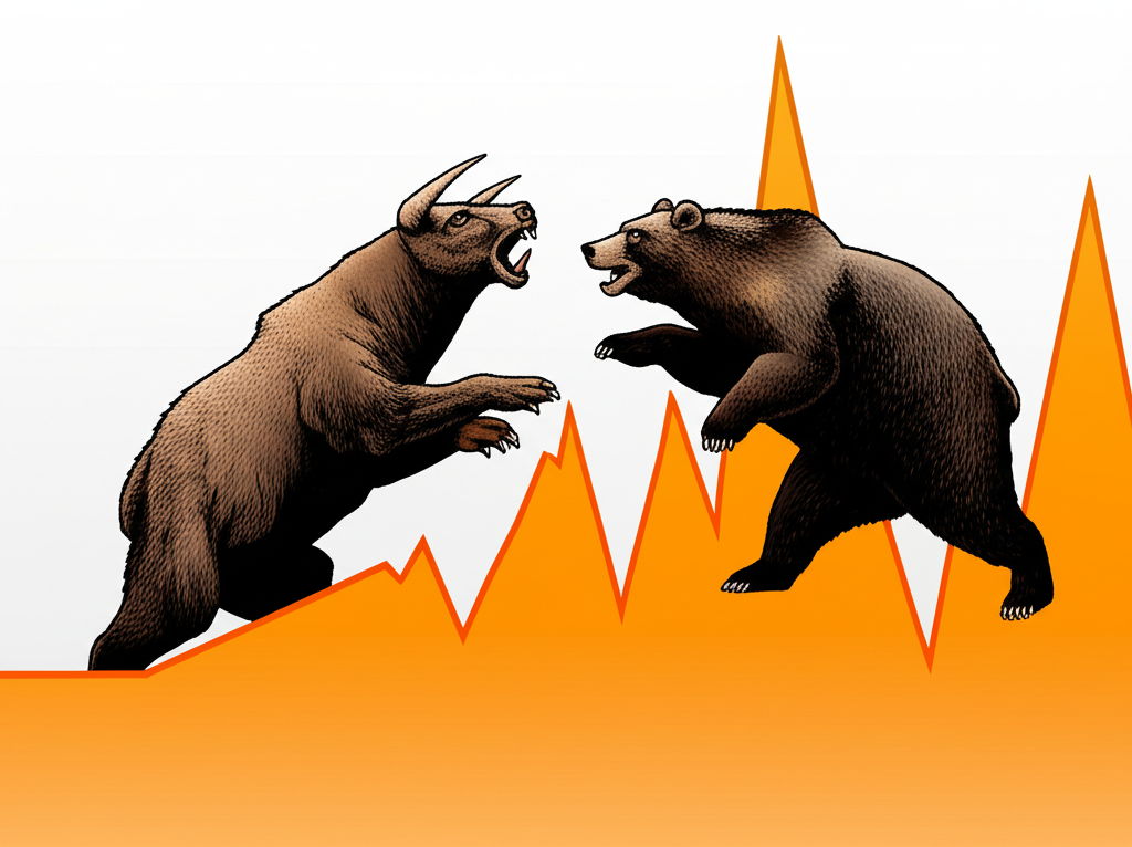 比特幣波動圖表顯示牛熊對抗,象徵極端價格起伏與從高點潛在下跌