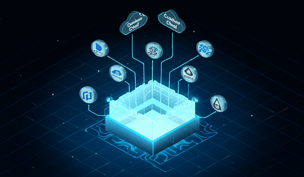 以安全數位堡壘代表 Coinbase Prime，連接多個金融機構並以雲端圖示支援開發者的場景