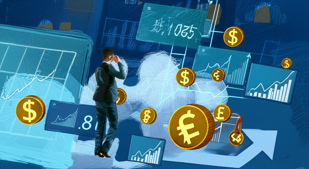 投資者自信導航複雜金融環境的插圖,包含利率、科技股與全球貨幣等經濟指標,象徵智慧投資決策與多元化組合