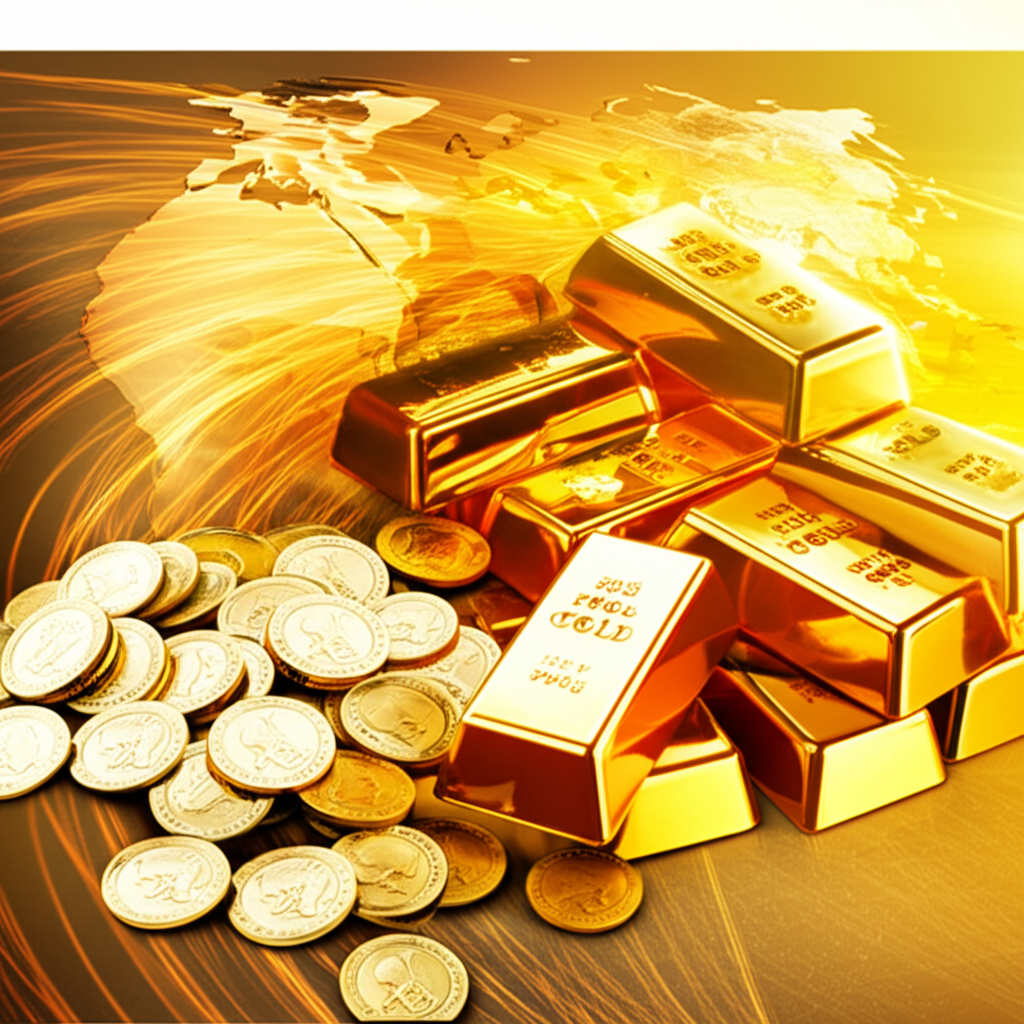 黃金條塊與金幣環繞全球地圖，象徵經濟變遷與地緣政治緊張下的財富與穩定