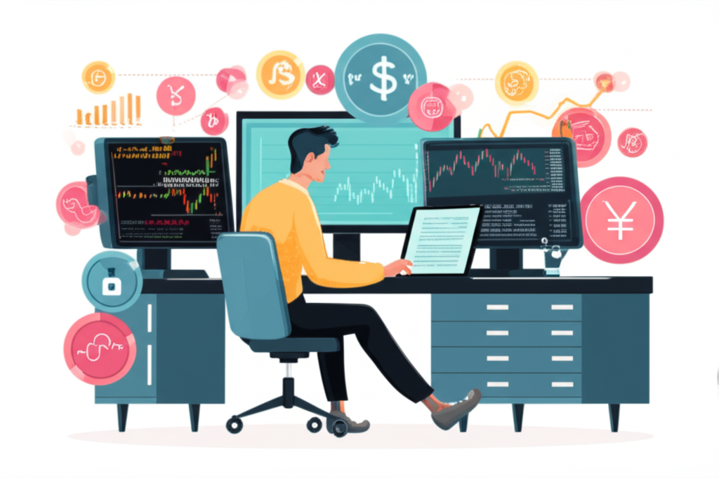專有交易員如基金經理般在多螢幕站前操作股票債券外匯等工具,強調快速決策與風險管理的圖示