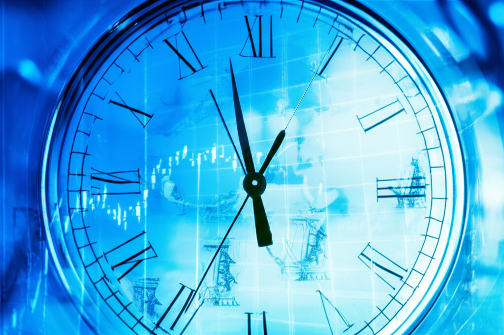 全球原油期貨交易時間重要性插圖,鐘面疊加世界地圖與石油鑽井及金融圖表