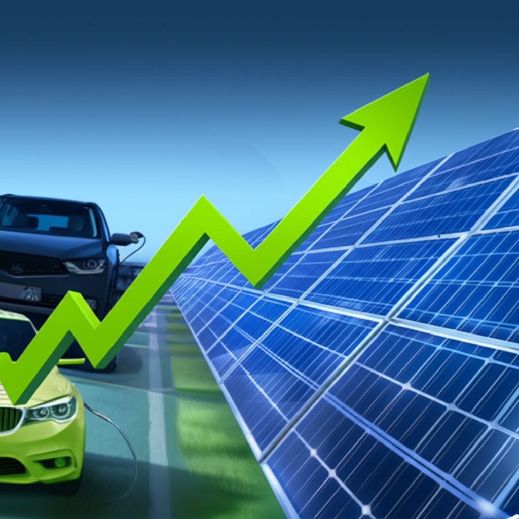 投資成長圖表插圖,背景為電動車和太陽能板,象徵綠色轉型與鋁需求上升