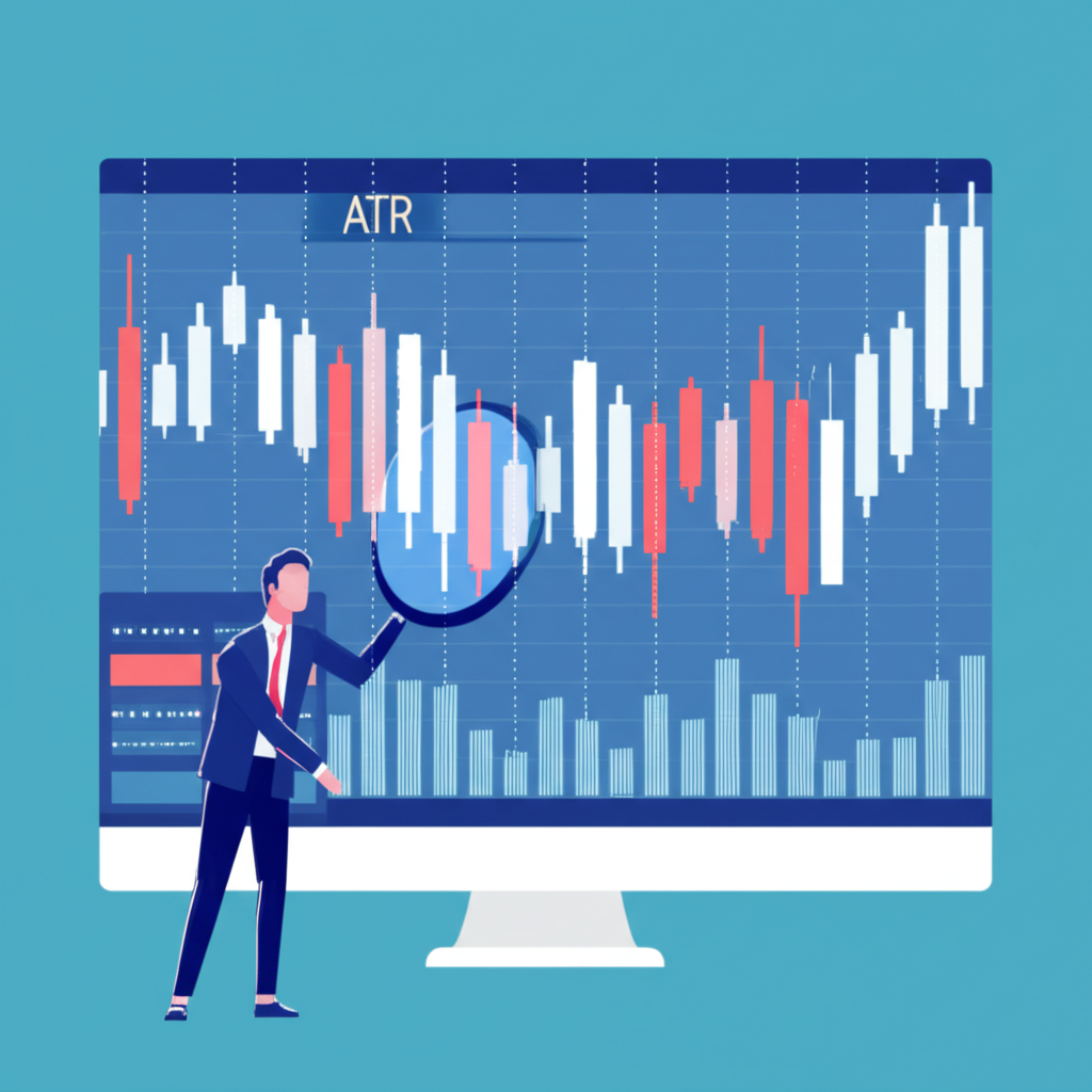 金融市場分析場景：技術師用放大鏡研究 ATR 圖表，強調價格波動與量化工具