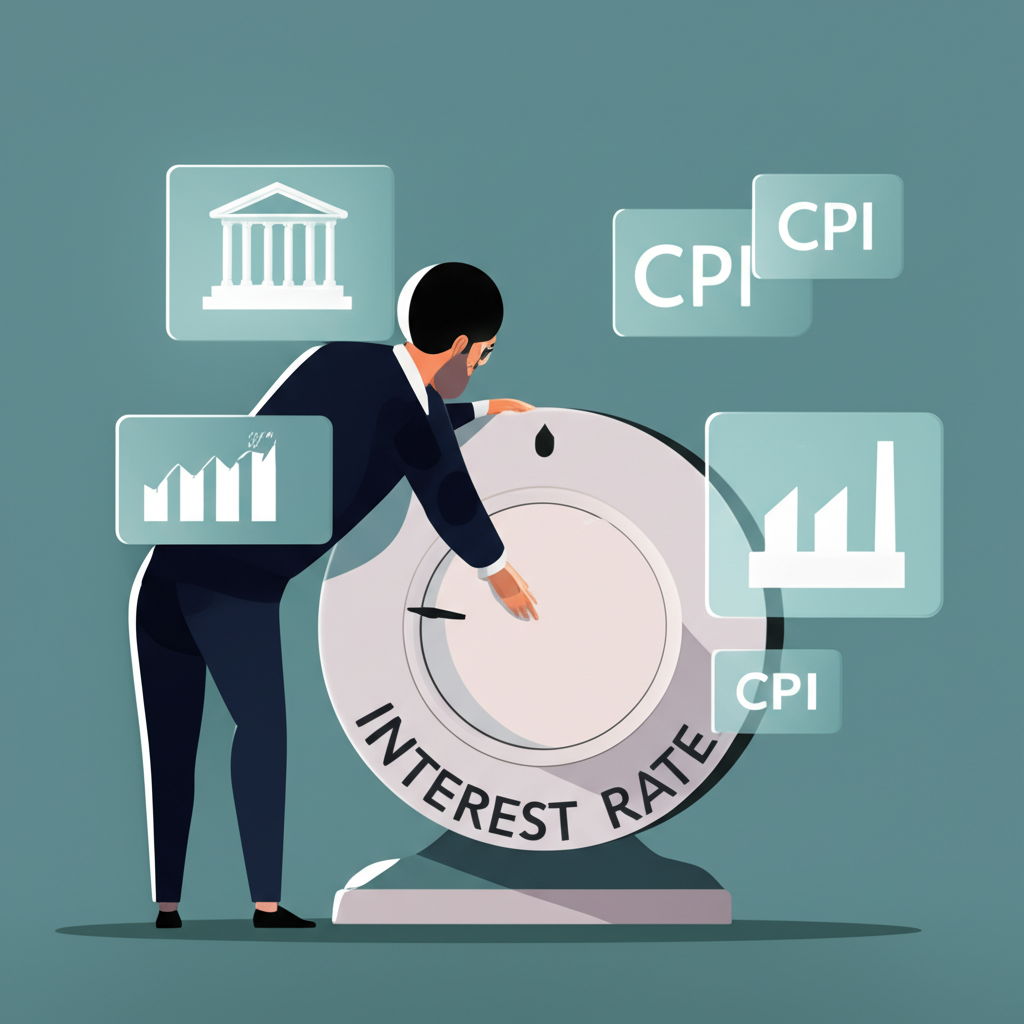 中央銀行行長調整利率刻度盤，周圍浮現GDP與CPI等經濟指標