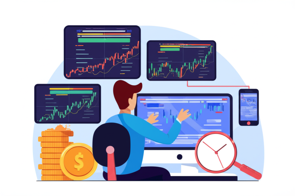 外匯當沖交易者監控多個螢幕顯示貨幣對圖表，強調日內高流動性和槓桿運用
