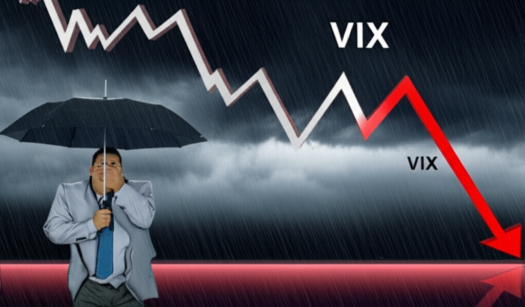 風暴般的金融市場,VIX 指數上升,擔憂的投資者撐傘,股票下跌顯示市場恐懼加劇