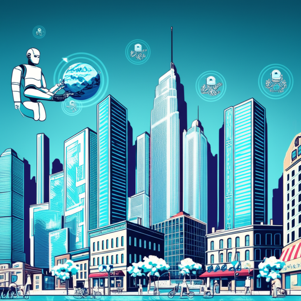 全球經濟中AI機器人協助大型企業蓬勃發展,而小型企業努力追趕,展現生產力差距與經濟轉型的視覺圖像