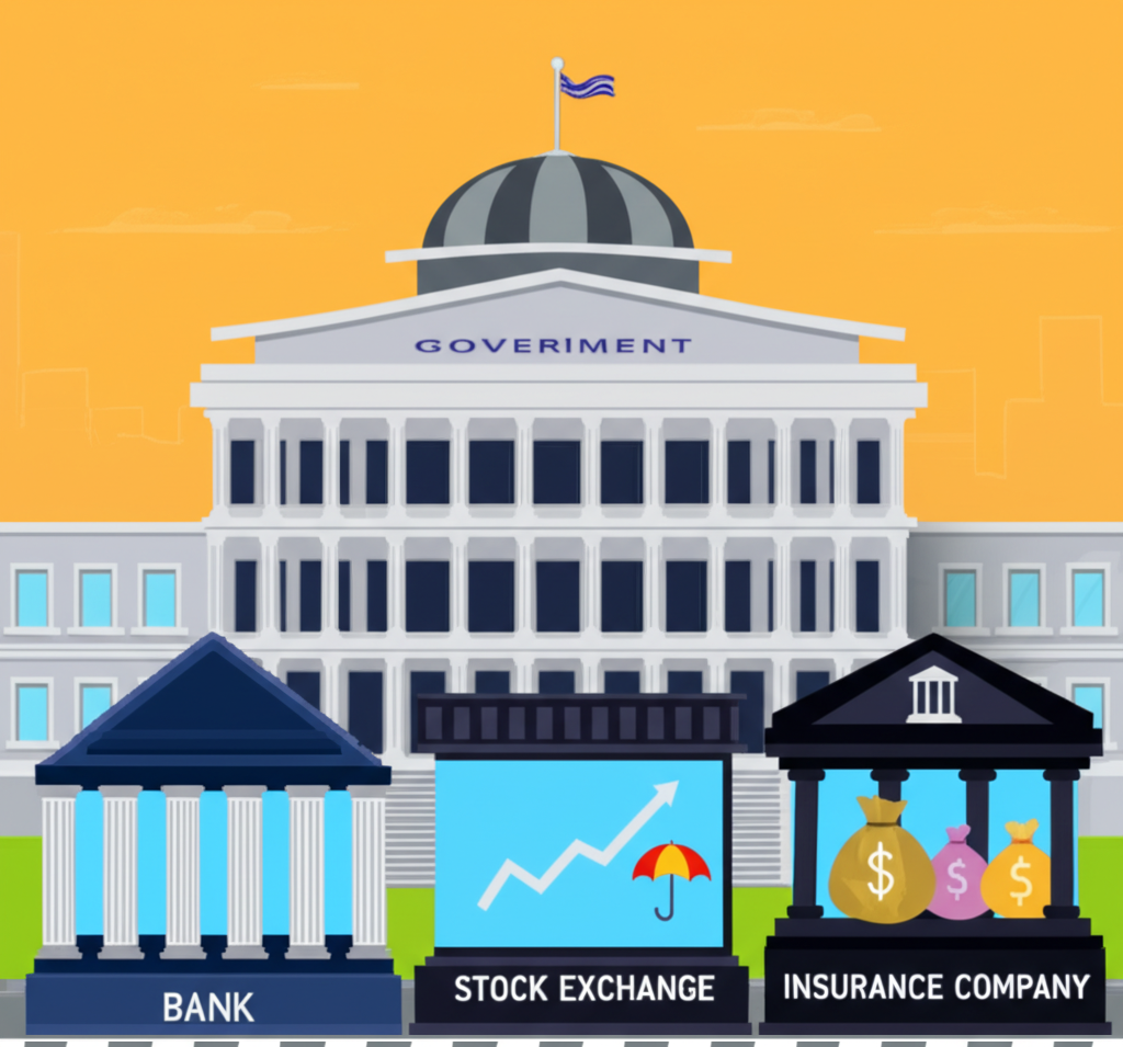 金融產業分類插圖，描繪銀行、證券與保險的建築與獲利符號